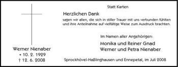 Traueranzeige von Werner Nienaber von Tageszeitung