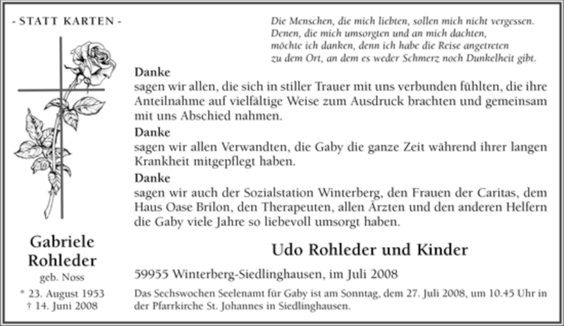  Traueranzeige für Gabriele Rohleder vom 19.07.2008 aus Tageszeitung