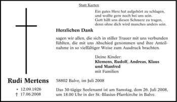 Traueranzeige von Rudi Mertens von Tageszeitung
