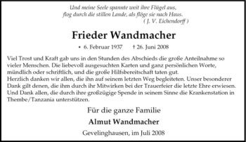 Traueranzeige von Frieder Wandmacher von Tageszeitung