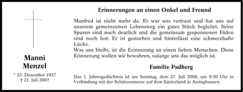  Traueranzeige für Manni Menzel vom 19.07.2008 aus Tageszeitung