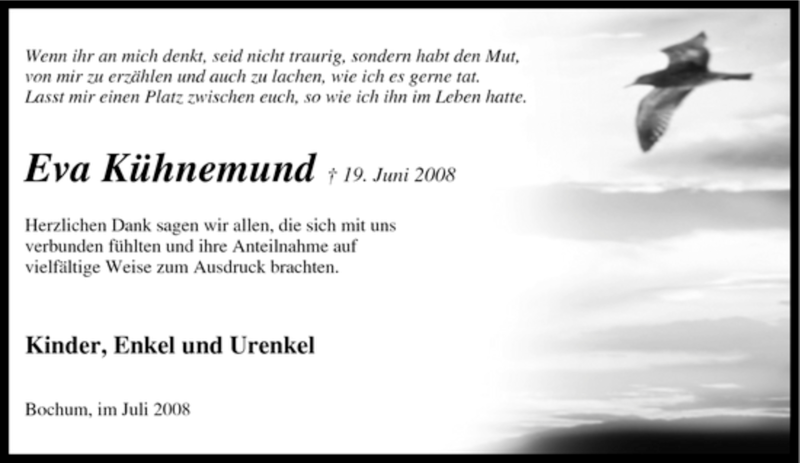  Traueranzeige für Eva Kühnemund vom 19.07.2008 aus Tageszeitung