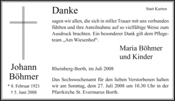 Traueranzeige von Johann Böhmer von Tageszeitung