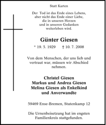 Traueranzeige von Günter Giesen von Tageszeitung