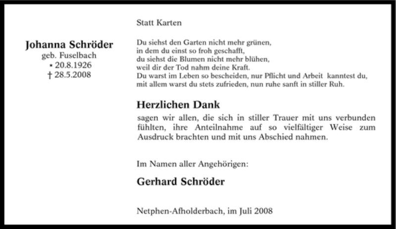  Traueranzeige für Johanna Schröder vom 19.07.2008 aus Tageszeitung