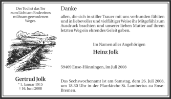 Traueranzeige von Gertrud Jolk von Tageszeitung