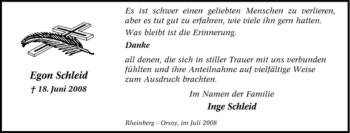 Traueranzeige von Egon Schleid von Tageszeitung