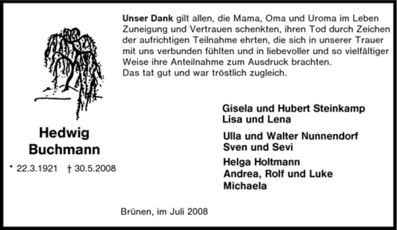  Traueranzeige für Hedwig Buchmann vom 19.07.2008 aus Tageszeitung