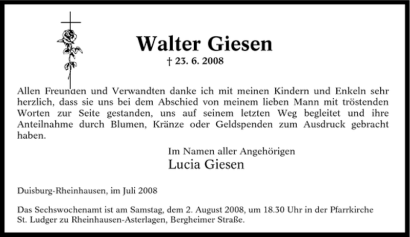  Traueranzeige für Walter Giesen vom 19.07.2008 aus Tageszeitung