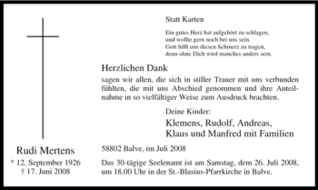Traueranzeige von Rudi Mertens von Tageszeitung