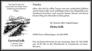 Traueranzeige von Gertrud Jolk von Tageszeitung