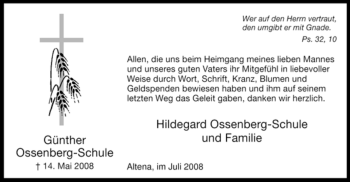 Traueranzeige von Günther Ossenberg-Schule von Tageszeitung