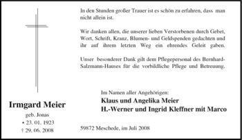 Traueranzeige von Irmgard Meier von Tageszeitung