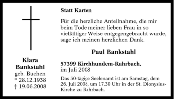 Traueranzeige von Klara Bankstahl von Tageszeitung