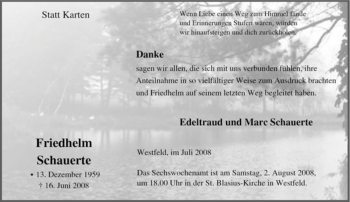 Traueranzeige von Friedhelm Schauerte von Tageszeitung