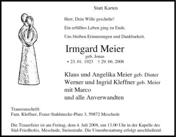 Traueranzeige von Irmgard Meier von Tageszeitung