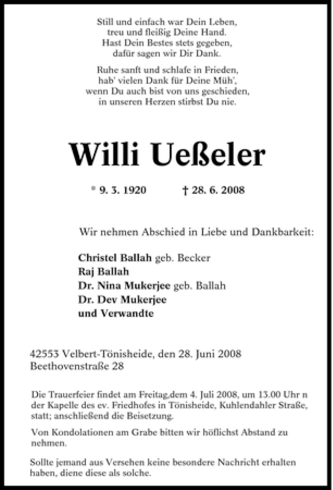  Traueranzeige für Willi Ueßeler vom 01.07.2008 aus Tageszeitung