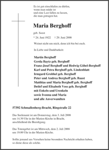 Traueranzeige von Maria Berghoff von Tageszeitung