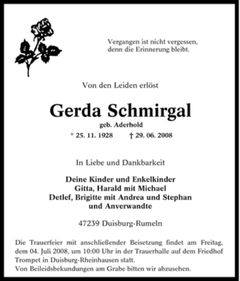 Traueranzeige von Gerda Schmirgal von Tageszeitung