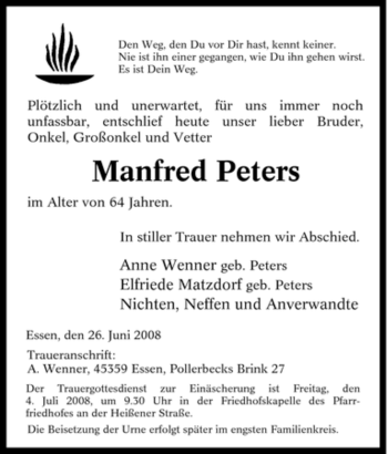 Traueranzeige von Manfred Peters von Tageszeitung