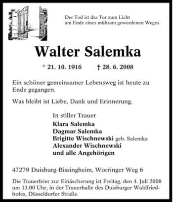 Traueranzeige von Walter Salemka von Tageszeitung