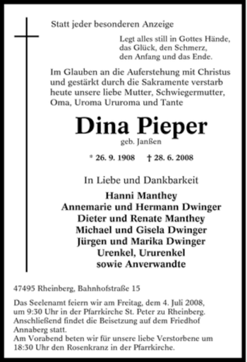 Traueranzeige von Dina Pieper von Tageszeitung