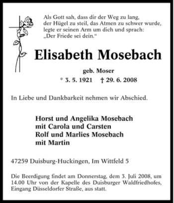 Traueranzeige von Elisabeth Mosebach von Tageszeitung