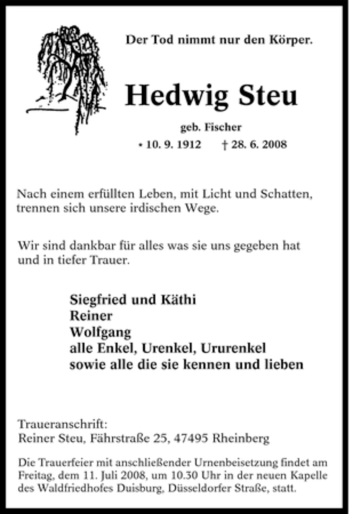 Traueranzeige von Hedwig Steu von Tageszeitung