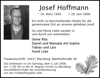 Traueranzeige von Josef Hoffmann von Tageszeitung