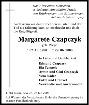 Traueranzeige von Margarete Czapczyk von Tageszeitung