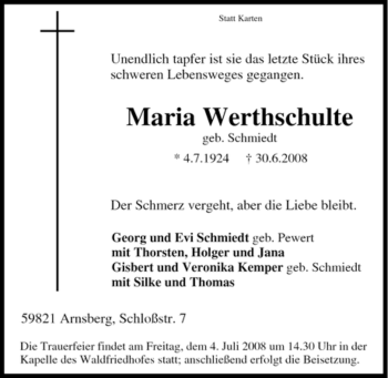 Traueranzeige von Maria Werthschulte von Tageszeitung