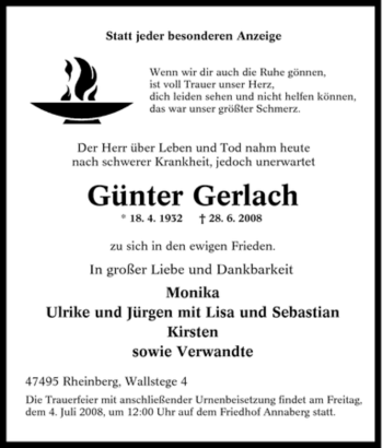 Traueranzeige von Günter Gerlach von Tageszeitung