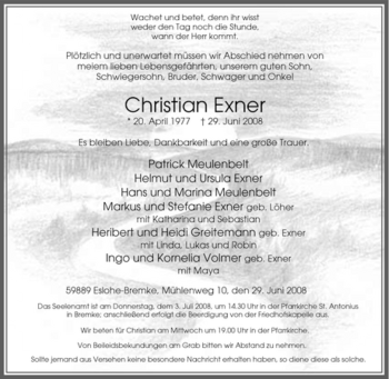 Traueranzeige von Christian Exner von Tageszeitung