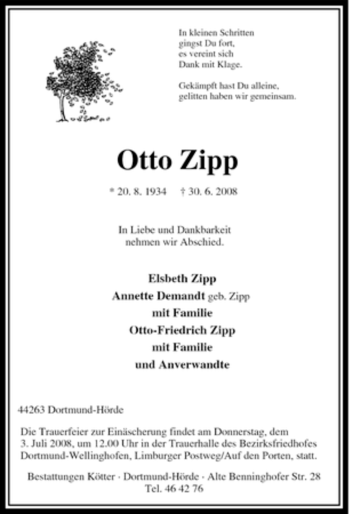 Traueranzeige von Otto Zipp von Tageszeitung