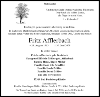 Traueranzeige von Fritz Afflerbach von Tageszeitung