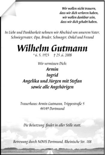 Traueranzeige von Wilhelm Gutmann von Tageszeitung