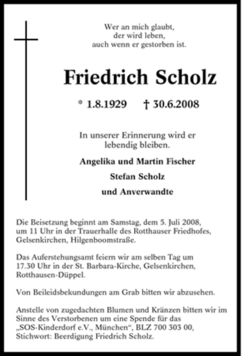 Traueranzeige von Friedrich Scholz von Tageszeitung