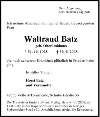 Traueranzeige von Waltraud Batz von Tageszeitung