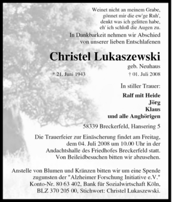 Traueranzeige von Christel Lukaszewski von Tageszeitung