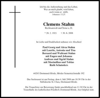 Traueranzeige von Clemens Stahm von Tageszeitung