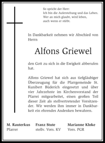 Traueranzeige von Alfons Griewel von Tageszeitung