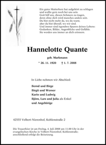 Traueranzeige von Hannelotte Quante von Tageszeitung
