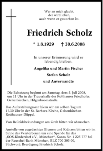 Traueranzeige von Friedrich Scholz von Tageszeitung