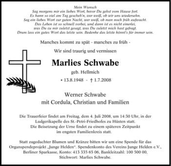 Traueranzeige von Marlies Schwabe von Tageszeitung