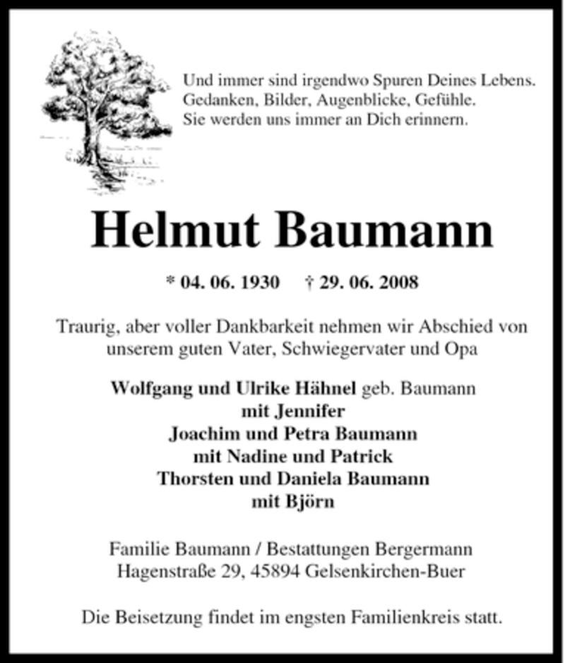 Traueranzeigen von Helmut Baumann TrauerinNRW.de