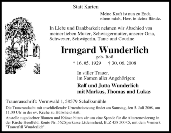 Traueranzeige von Irmgard Wunderlich von Tageszeitung