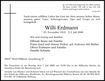 Traueranzeige von Willi Erdmann von Tageszeitung