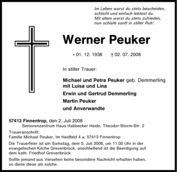 Traueranzeige von Werner Peuker von Tageszeitung