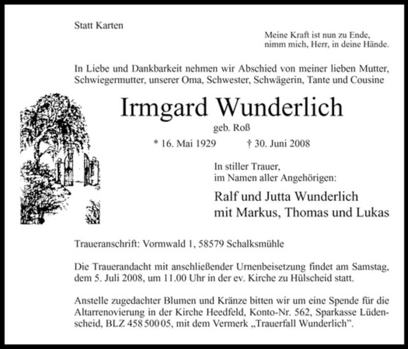  Traueranzeige für Irmgard Wunderlich vom 03.07.2008 aus Tageszeitung