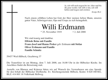 Traueranzeige von Willi Erdmann von Tageszeitung